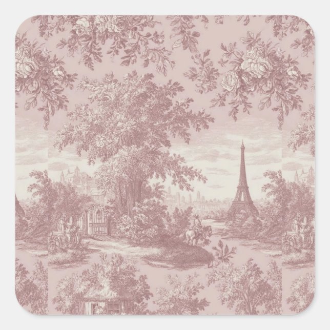 Elegant Pink Toile de Jouy Französisch Country Sze Quadratischer Aufkleber (Vorderseite)