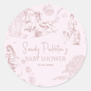Elegant Pink Toile de Jouy Picnic Baby Shower Runder Aufkleber