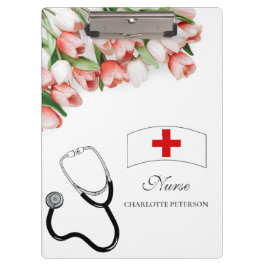 Elegant Pink Tulip Floral & Stethoscope Krankensch Klemmbrett