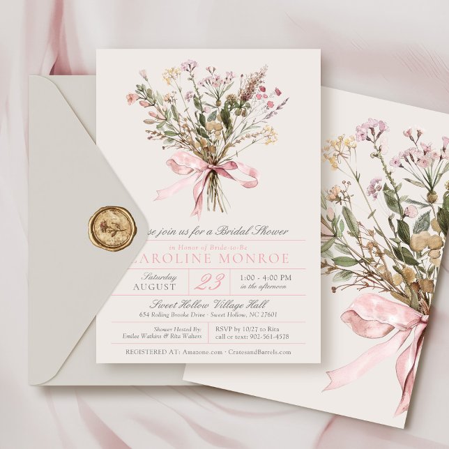 Elegant Pink Watercolor Bow Floral Bridal Shower Einladung (Elegant pink watercolor wildflower floral bouquet and bow vintage botanical bridal shower invitation)