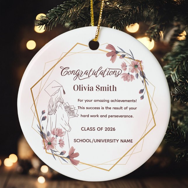Elegant Pink Watercolor Floral Graduation Keramik Ornament (Von Creator hochgeladen)