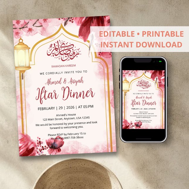 Elegant Pink Watercolor Floral Iftar Invitation Einladung (Von Creator hochgeladen)
