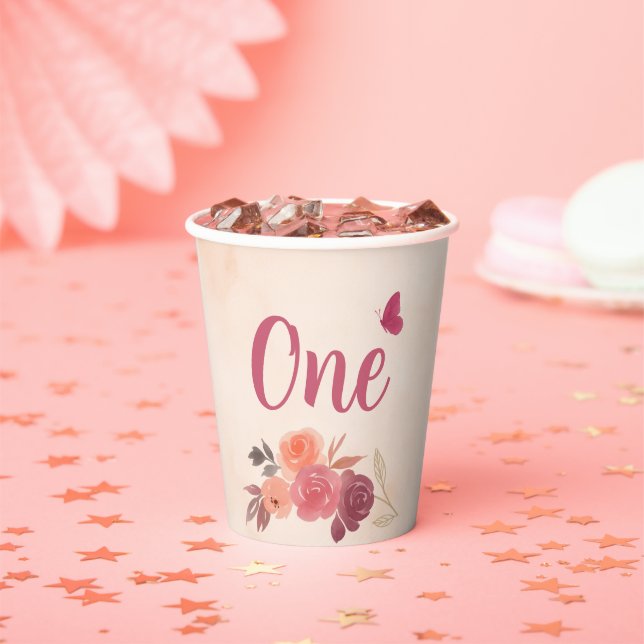 Elegant Pink Watercolor Floral One 1st Birthday  Pappbecher (Insitu)