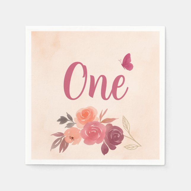 Elegant Pink Watercolor Floral One 1st Birthday  Serviette (Vorderseite)
