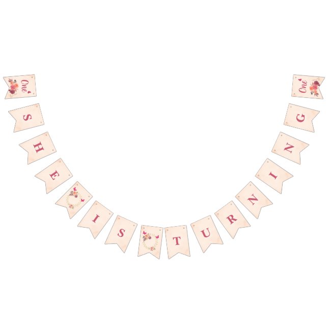 Elegant Pink Watercolor Floral One 1st Birthday  Wimpelkette (Alle)