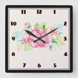 Elegant Pink Watercolor Flower Bouquet Quadratische Wanduhr