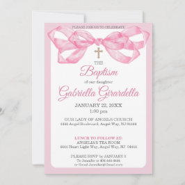 Elegant Pink Watercolor Ribbon Bow Baptism Einladung
