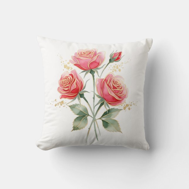 Elegant Pink Watercolor Roses with Gold Foil Trim Kissen (Vorderseite)