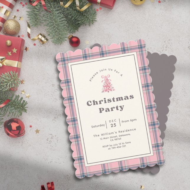 Elegant Pink Watercolor Tree Plaid Christmas Party Einladung (Elegant Pink Watercolor Tree Plaid Christmas Party Invitation)
