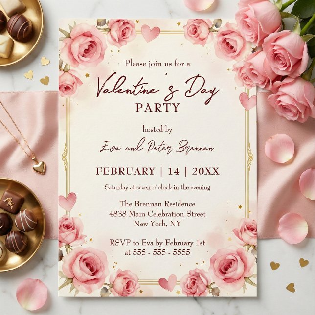 Elegant Pink Watercolor Valentine's Day Party Einladung (Von Creator hochgeladen)