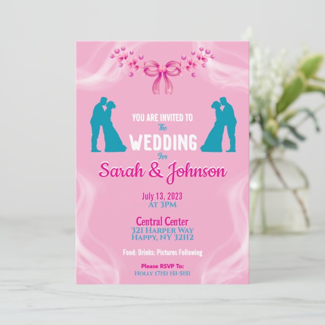Elegant Pink Wedding Invitation Einladung (Stehend Vorderseite)