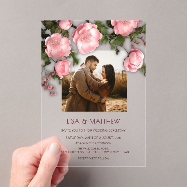 Elegant Pink White 3D Roses Wedding Acryleinladungen (Insitu (Handheld))