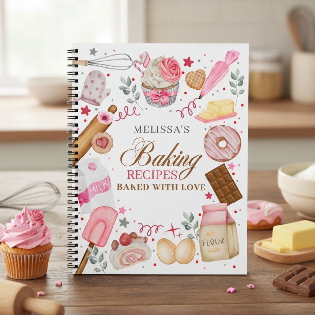 Elegant Pink White Baked With Love Baking  Notizbuch (Von Creator hochgeladen)