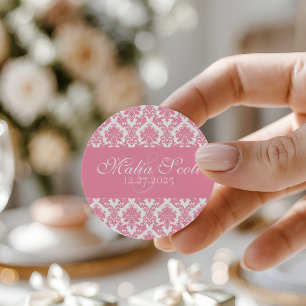 Elegant Pink White Damask Wedding Gefallen Runder Aufkleber