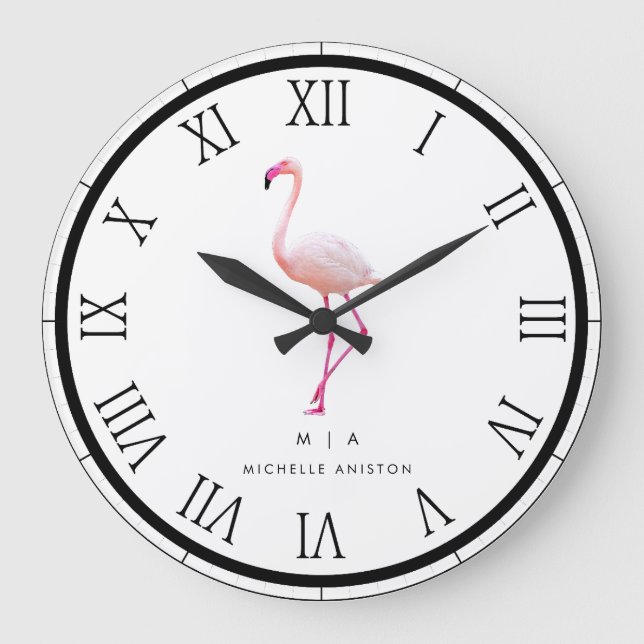Elegant Pink White Flamingo | Monogramm Custom Große Wanduhr (Vorderseite)