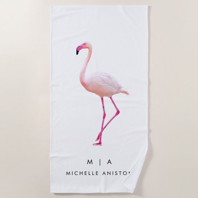 Elegant Pink White Flamingo | Monogramm Custom Strandtuch (Vorderseite)