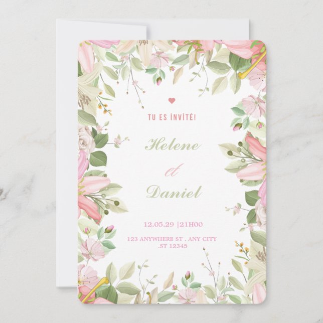 Elegant Pink & White Floral French Invitation Card Einladung (Vorderseite)