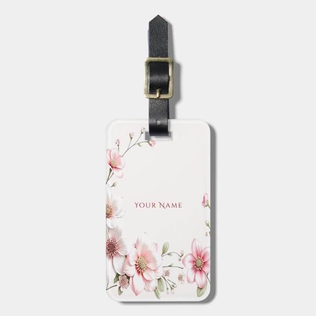 Elegant Pink White Floral Luggage Tag Gepäckanhänger (Vorderseite vertikal)