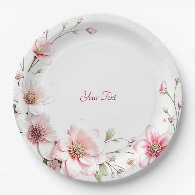 Elegant Pink White Floral Paper Plate Pappteller (Vorderseite)