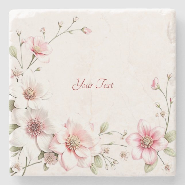 Elegant Pink White Floral Stone Coaster Steinuntersetzer (Vorderseite)