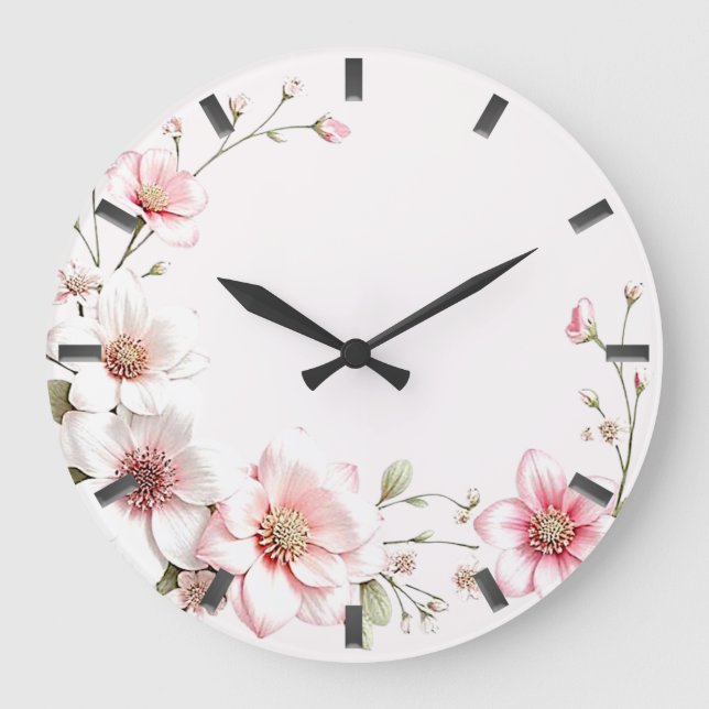 Elegant Pink White Floral Wall Clock Große Wanduhr (Vorderseite)