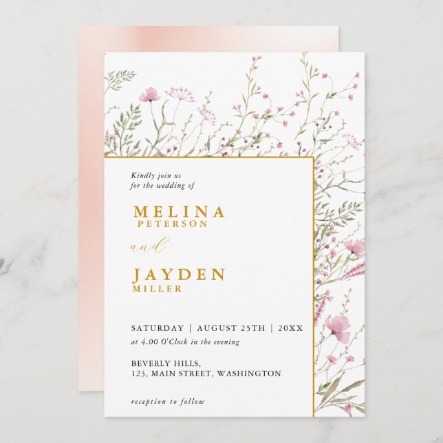 Elegant Pink Wild Floral Wedding  Einladung (Vorne/Hinten)