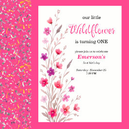 Elegant Pink Wildflower 1st Birthday Party Einladung