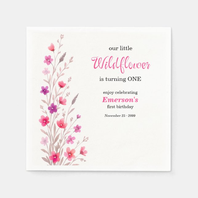 Elegant Pink  Wildflower 1st Birthday Party Serviette (Vorderseite)