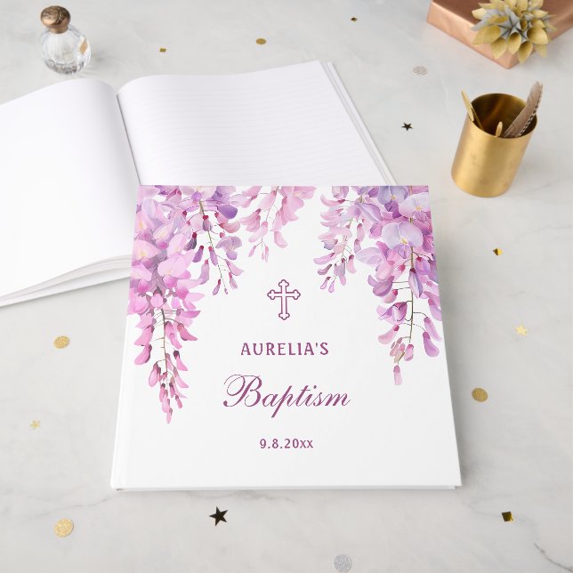 Elegant Pink Wisteria Baptism Guest Book Gästebuch (Vorderseite offen)