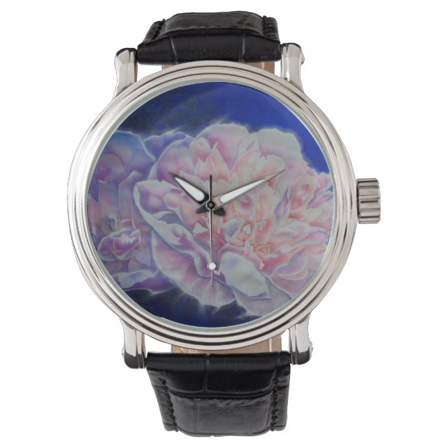 Elegant pinkfarbene blaupastellfarbene Aquarellblu Armbanduhr (Vorderseite)