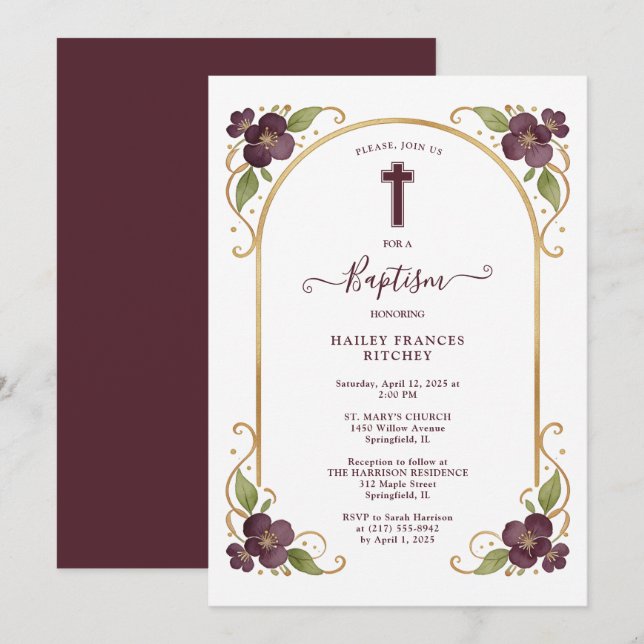 Elegant Plum Floral Gold Arch Baptism Celebration  Einladung (Vorne/Hinten)