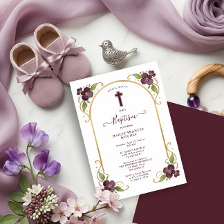 Elegant Plum Floral Gold Arch Baptism Celebration Einladung
