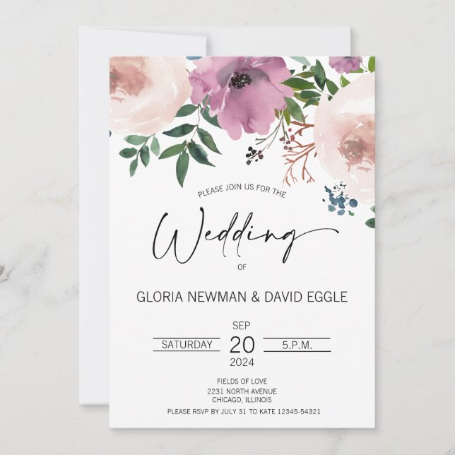 Elegant Plum Floral Wedding Einladung (Vorderseite)