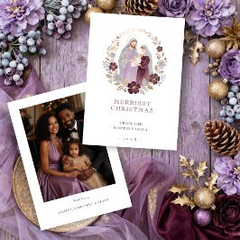 Elegant Plum Holy Nativity Family Christmas Photo Feiertagskarte
