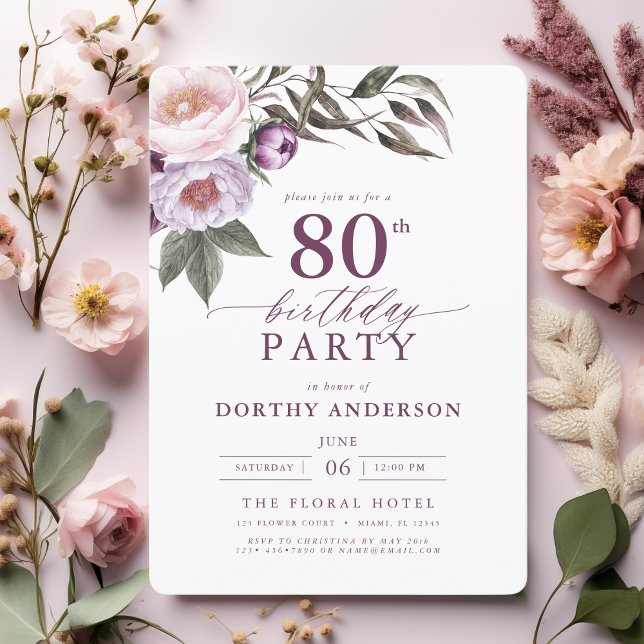 Elegant Plum Lila Blumenschrift 80. Geburtstag Einladung (Von Creator hochgeladen)
