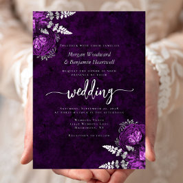 Elegant Plum Purple Silver Floral Wedding Folieneinladung