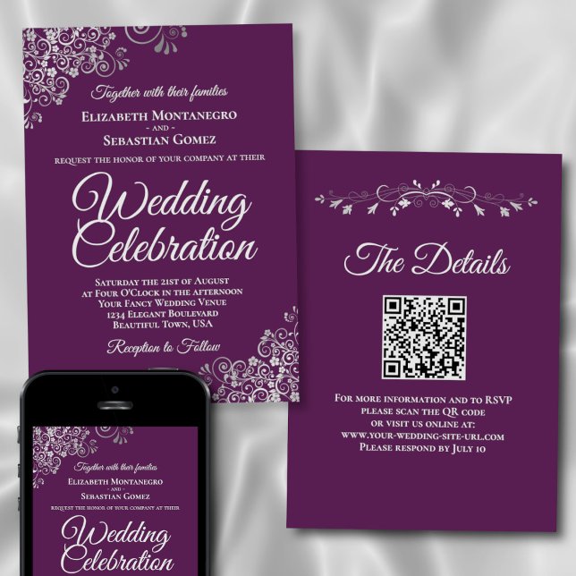 Elegant Plum Purple & Silver QR Code Wedding Einladung (Front/Back/Downloadable)