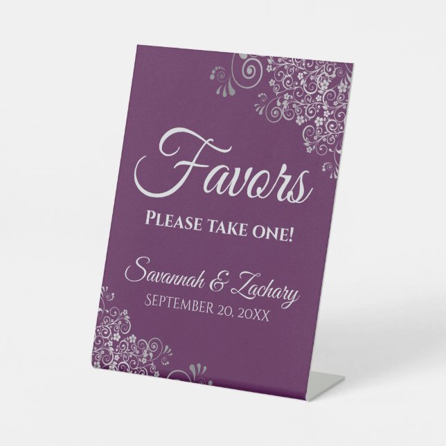 Elegant Plum Purple & Silver Wedding Favors  Sockelschild (Vorderseite)