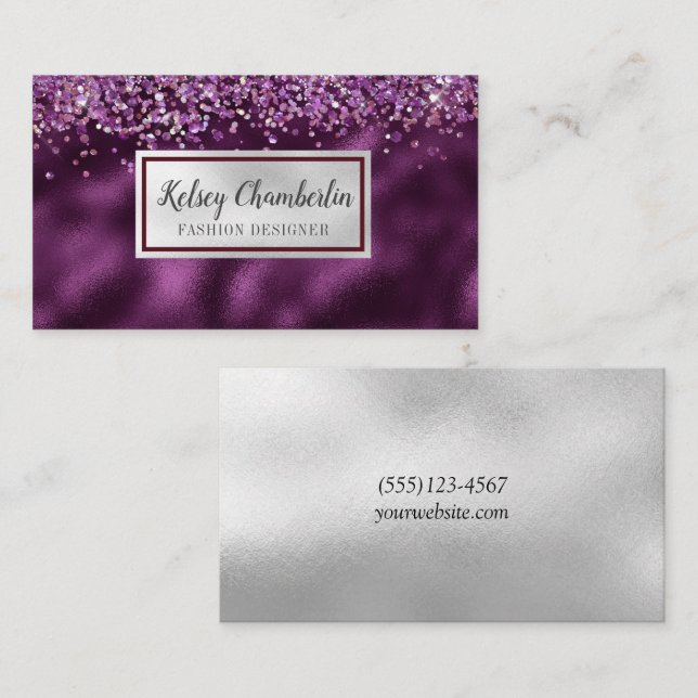 Elegant Plum & Silver Sparkle Confetti Visitenkarte (Vorne/Hinten)