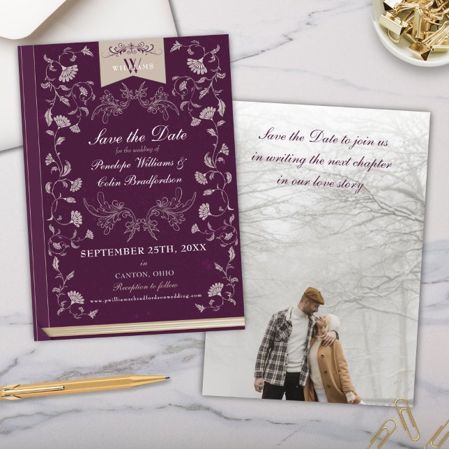Elegant Plum Tan Book Cover Wedding Save the Date Einladung (purple and cream library book cover wedding save the date invitation cards with full photo)
