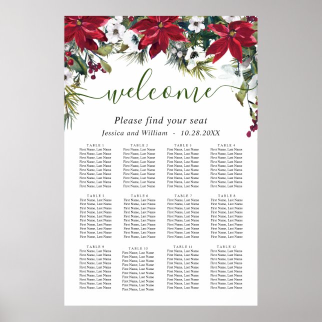 Elegant Poinsettia 12 Tische Hochzeitssaison CHART Poster