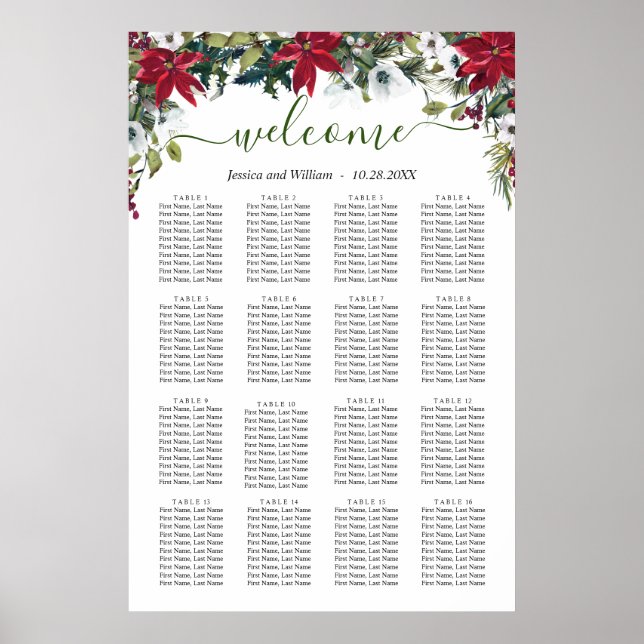 Elegant Poinsettia 16 Tische Hochzeitssaison CHART Poster (Vorne)