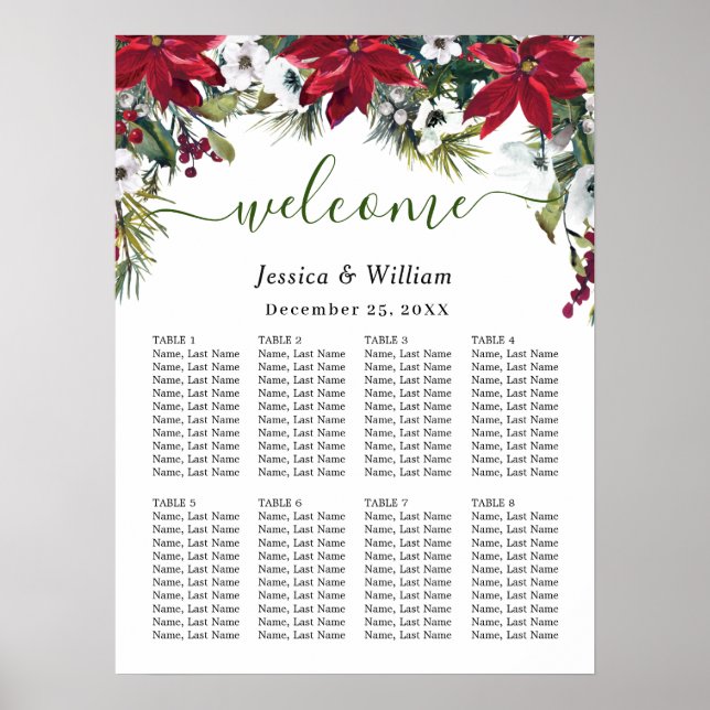 Elegant Poinsettia 8 Tische Hochzeitssaison CHART Poster (Vorne)
