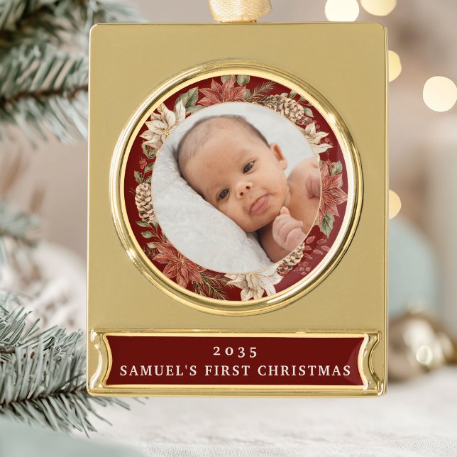 Elegant Poinsettia Baby's First Christmas Photo Banner-Ornament Gold (Von Creator hochgeladen)