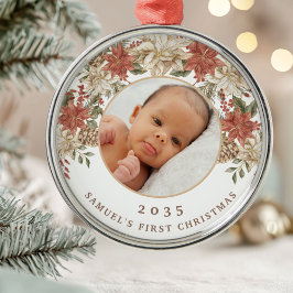 Elegant Poinsettia Baby's First Christmas Photo Ornament Aus Metall