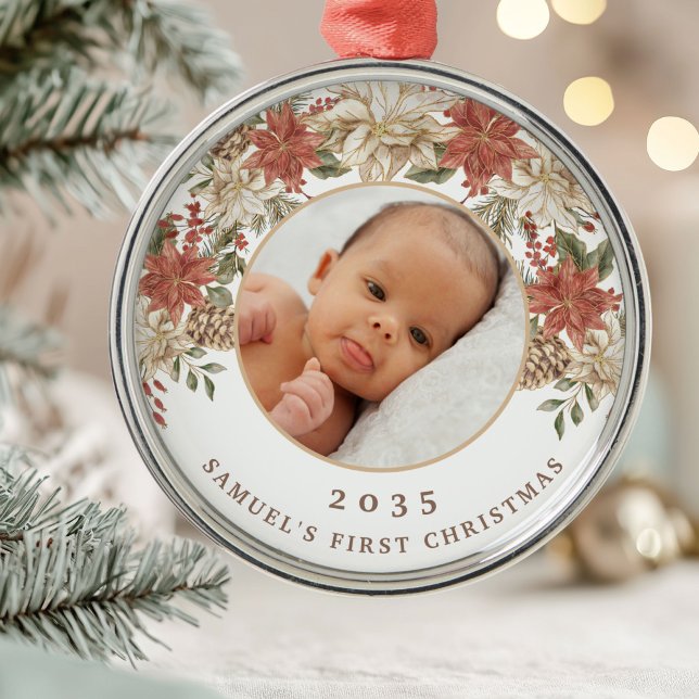 Elegant Poinsettia Baby's First Christmas Photo Ornament Aus Metall (Von Creator hochgeladen)