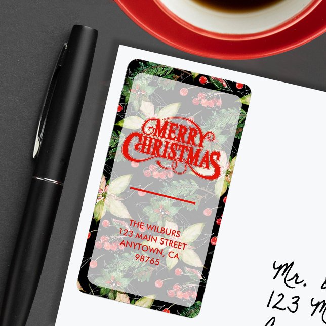 Elegant Poinsettia Berries auf der Schwarzen Rücks Adressaufkleber (Von Creator hochgeladen)