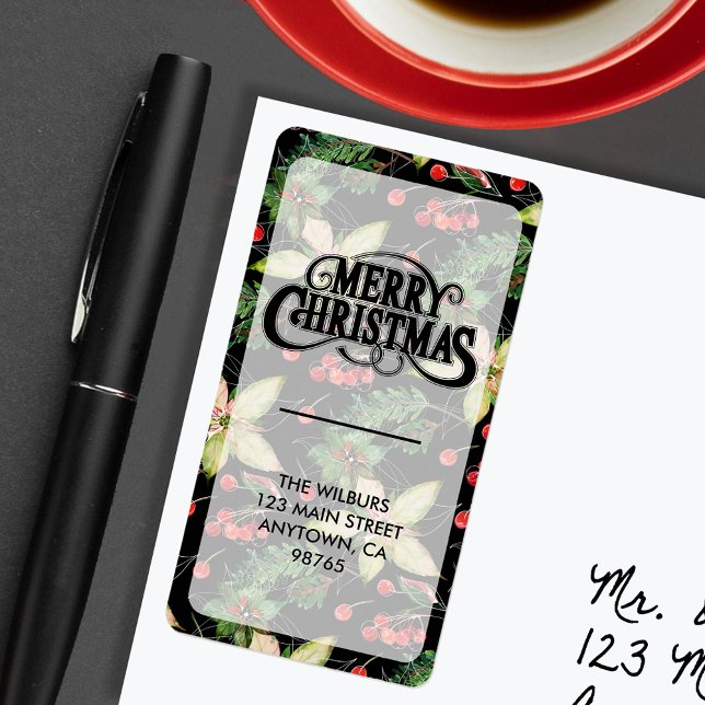 Elegant Poinsettia Berries auf der Schwarzen Rücks Adressaufkleber (Von Creator hochgeladen)