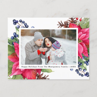Elegant Poinsettia Berry Navy Personalisiertes Fot Feiertagspostkarte