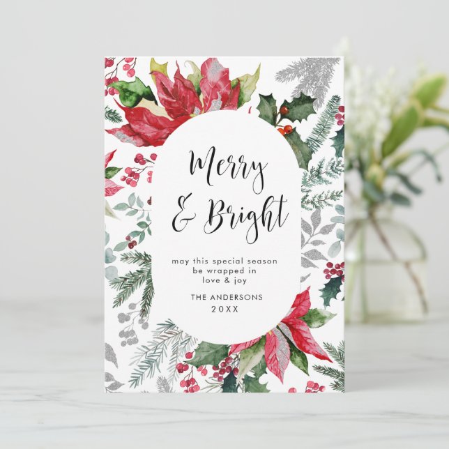 Elegant Poinsettia Christmas Mistletoe Gruß Feiertagskarte (Stehend Vorderseite)